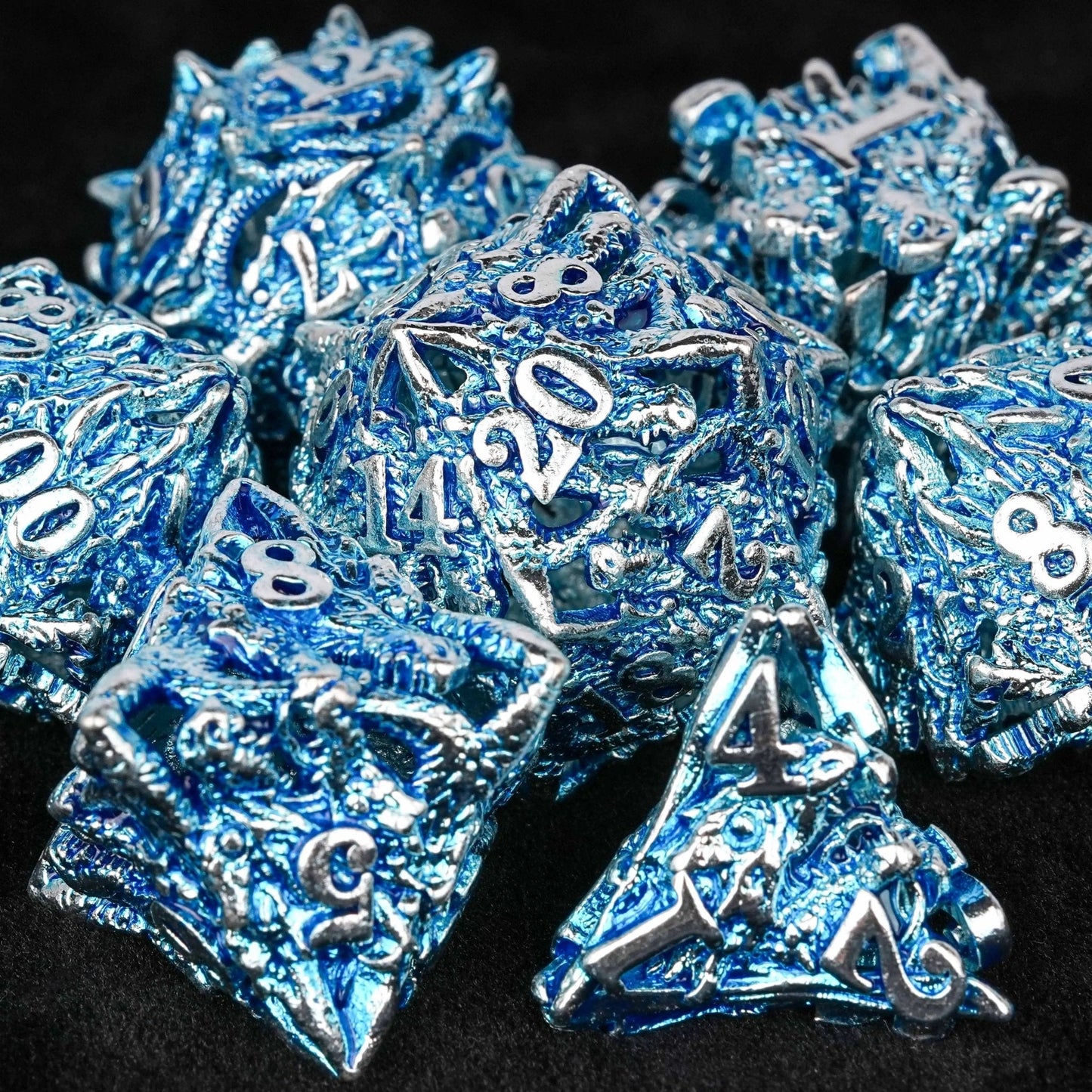 Balor Style - Silver Blue Dragon Head Metal Hollow dnd Dice Set