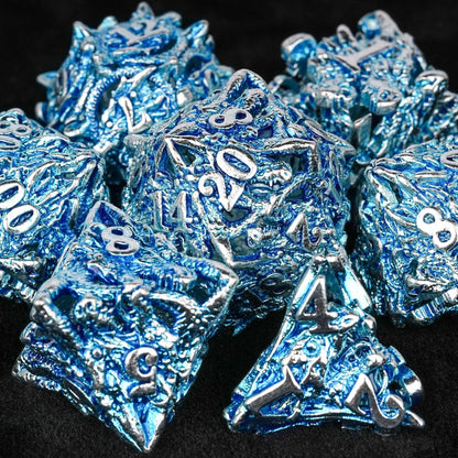 Balor Style - Silver Blue Dragon Head Metal Hollow dnd Dice Set