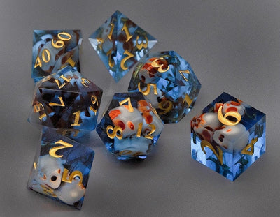 Blue Sunken Skull Inclusion 7-Dice Set Resin Sharp Edge RPG DND