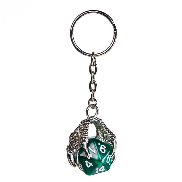 Claw Green D20 Keychain Featuring Silver Metal Dragon Claw + d20