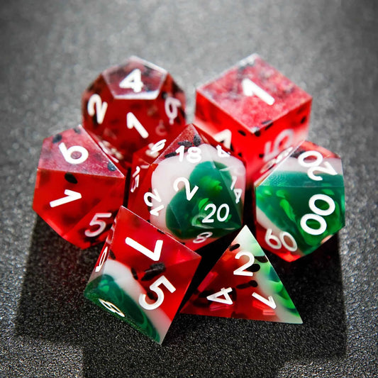 Watermelon Resin DND Dice Set — 7-Piece TTRPG Dice with White Numbers