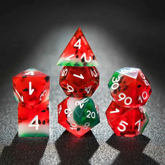 Watermelon Resin DND Dice Set — 7-Piece TTRPG Dice with White Numbers