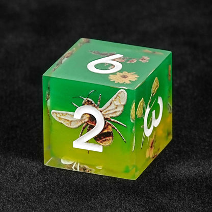 Bees Collecting Honey from Flowers Yellow-Green Resin RPG Dice Set + White Font
