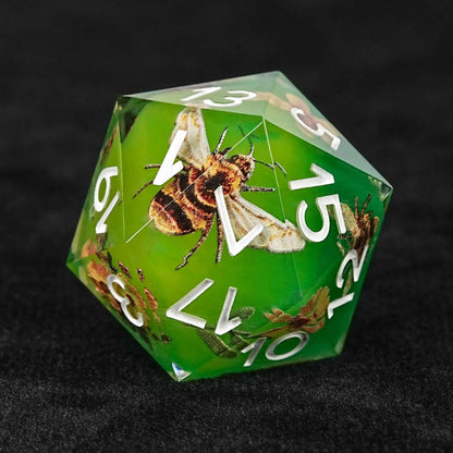 Bees Collecting Honey from Flowers Yellow-Green Resin RPG Dice Set + White Font