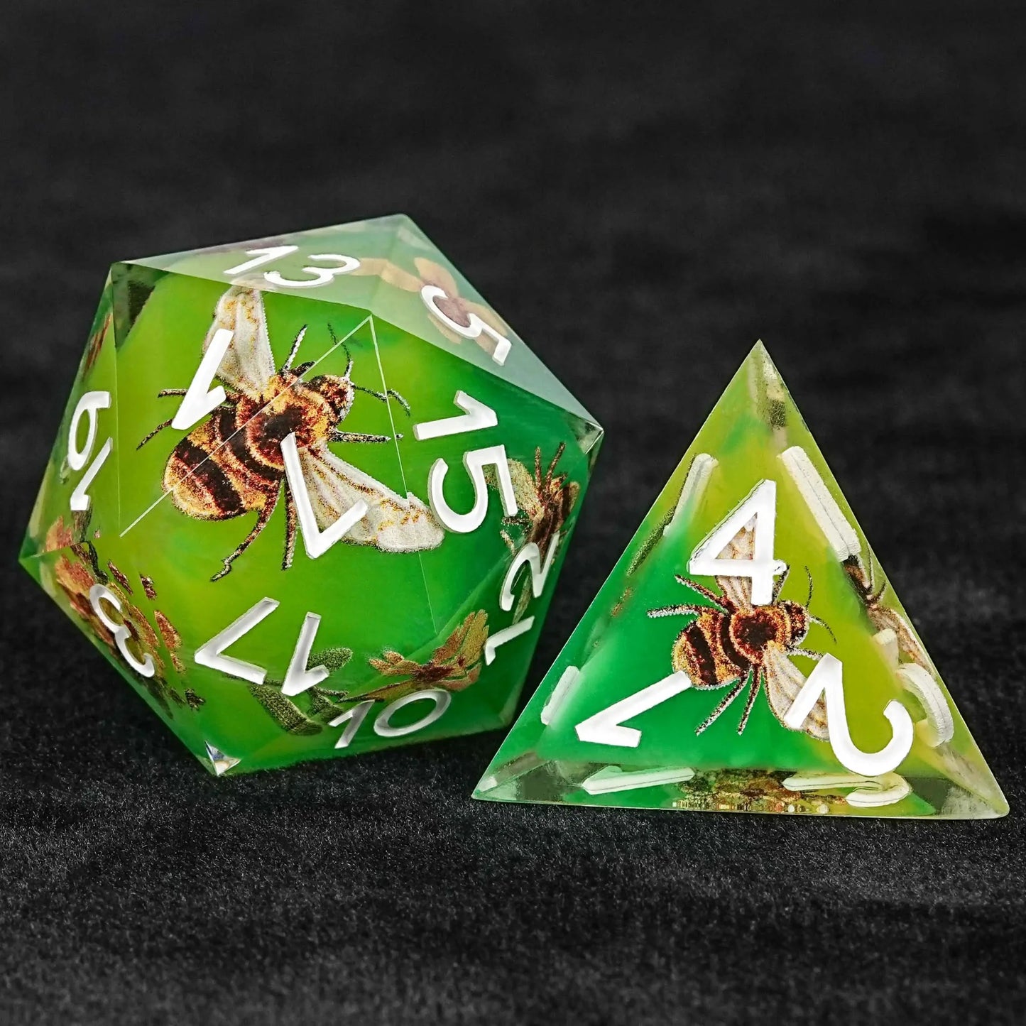 Bees Collecting Honey from Flowers Yellow-Green Resin RPG Dice Set + White Font