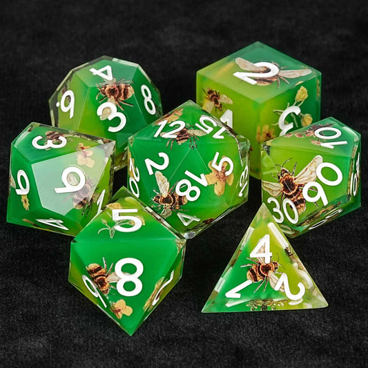 Bees Collecting Honey from Flowers Yellow-Green Resin RPG Dice Set + White Font