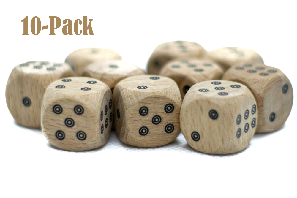 10-Pack Birds-Eye Wooden 16mm d6 Dice w/ Black Dots Rounded Corners - Wood Dice