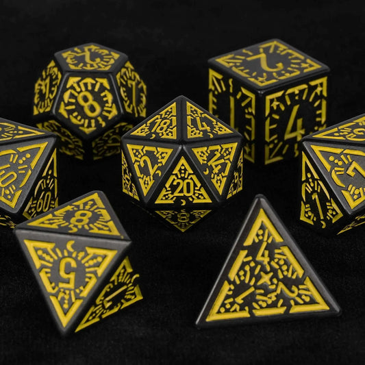 Black and Yellow Rune Acrylic DND Dice Set — 7-Piece TTRPG Dice