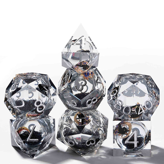 Black Cat Liquid Core Clear Resin D&D Dice, Quicksand Dice Set