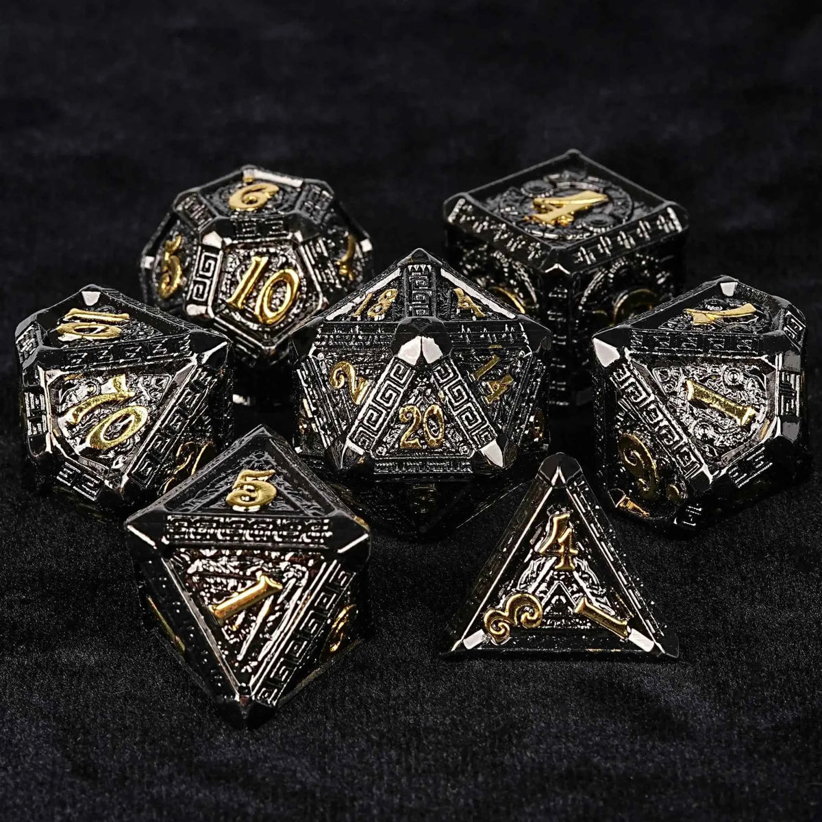 Black Gold Greek-Inspired Metal DND Dice Set — 7-Piece Zinc Alloy TTRPG Dice