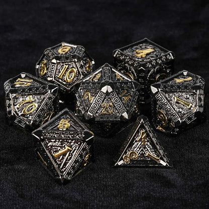 Black Gold Greek-Inspired Metal DND Dice Set — 7-Piece Zinc Alloy TTRPG Dice