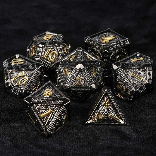 Black Gold Greek-Inspired Metal DND Dice Set — 7-Piece Zinc Alloy TTRPG Dice