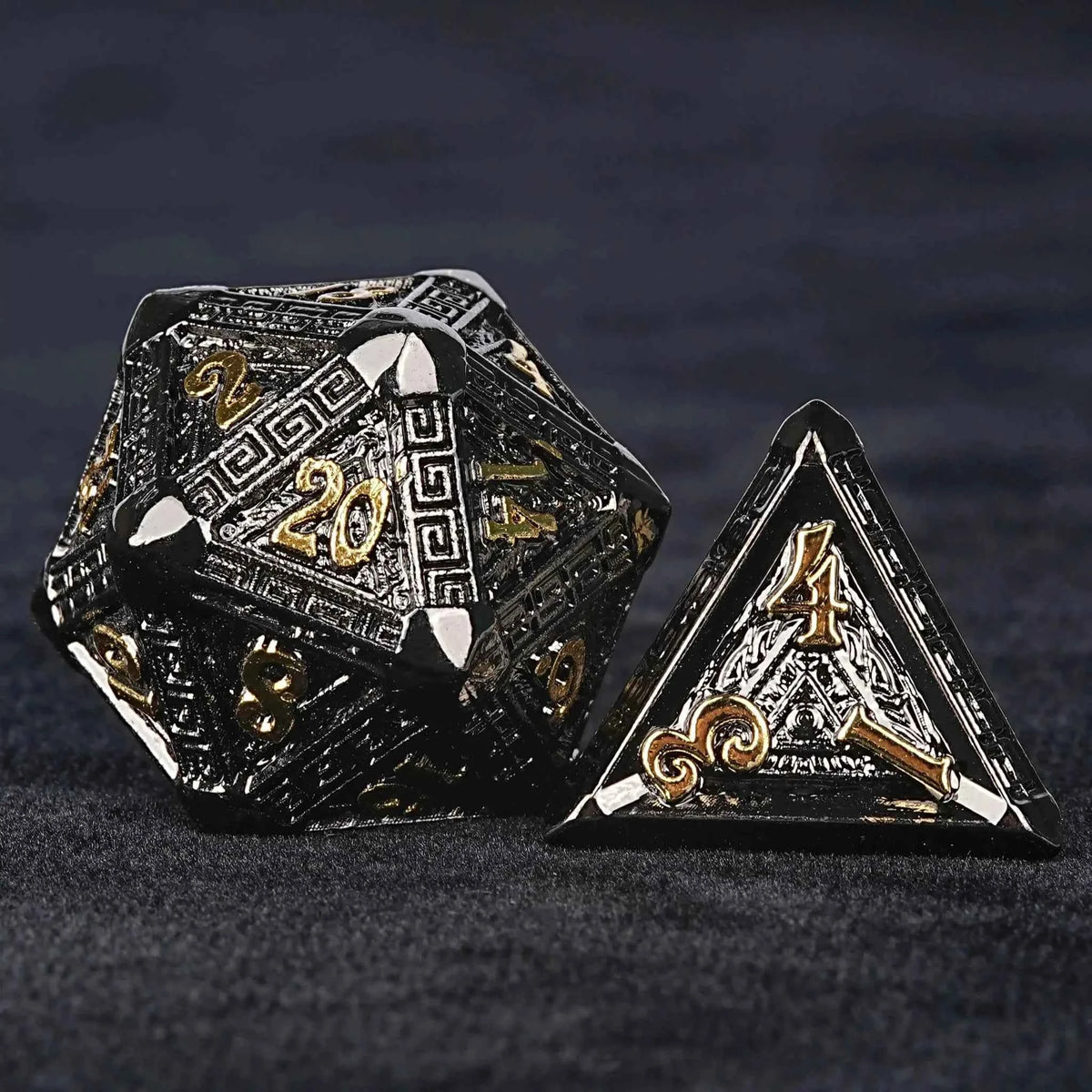 Black Gold Greek-Inspired Metal DND Dice Set — 7-Piece Zinc Alloy TTRPG Dice