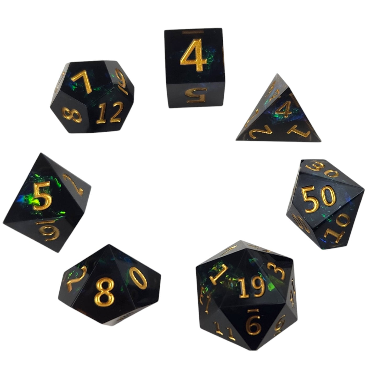 Black with Blue and Green Foil Sharp Resin Dice Set