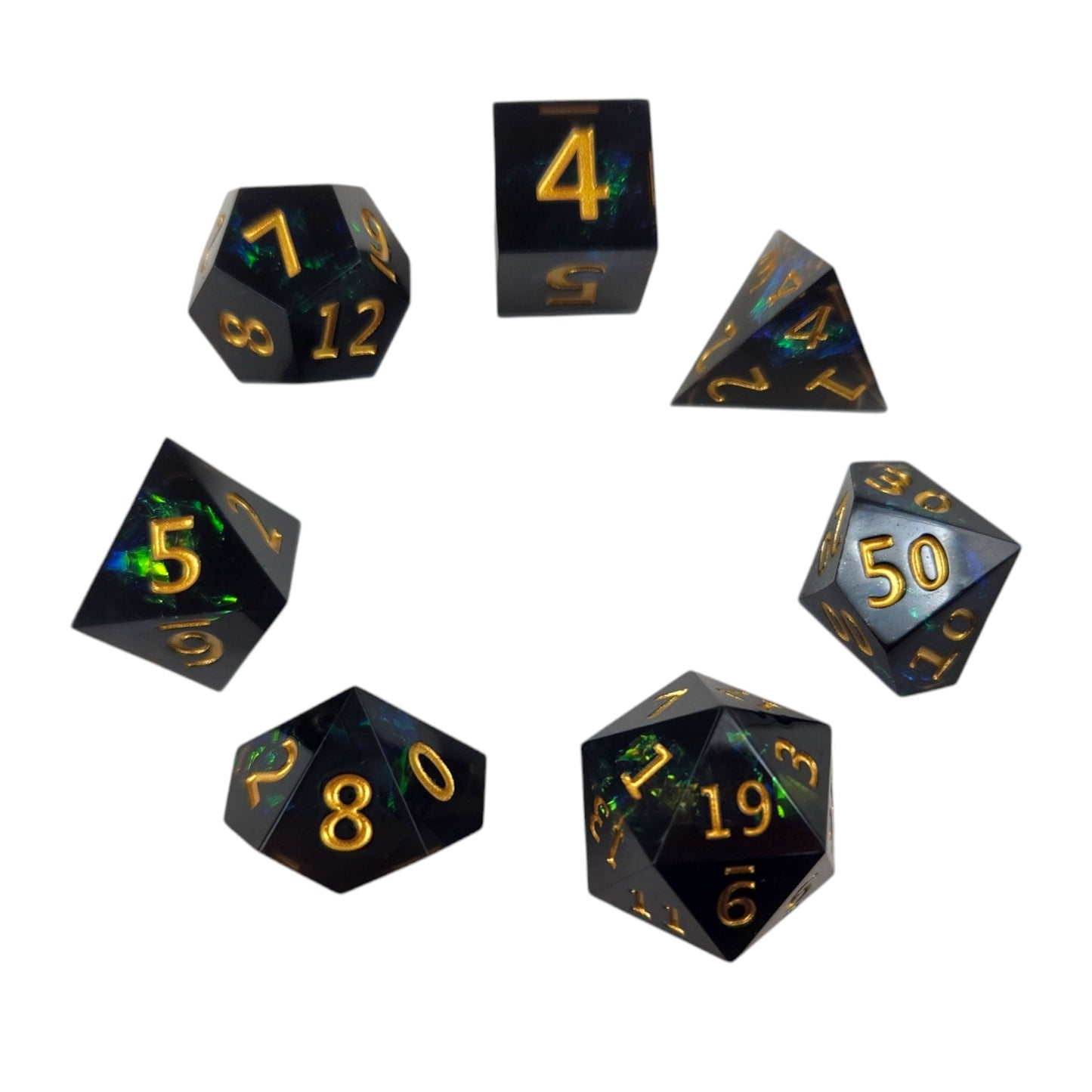 Black with Blue and Green Foil Sharp Resin Dice Set