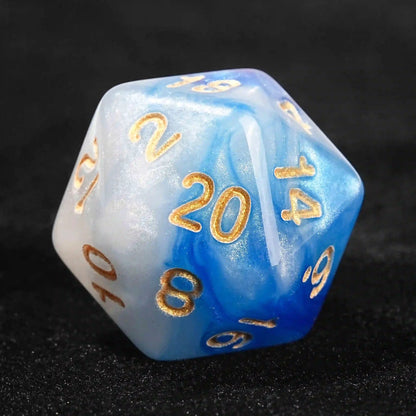 Blue and White Swirl Acrylic DND Dice Set with Gold Font