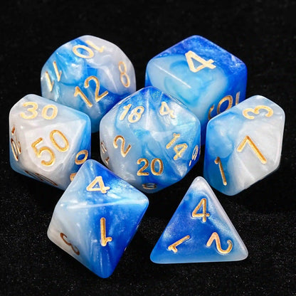 Blue and White Swirl Acrylic DND Dice Set with Gold Font