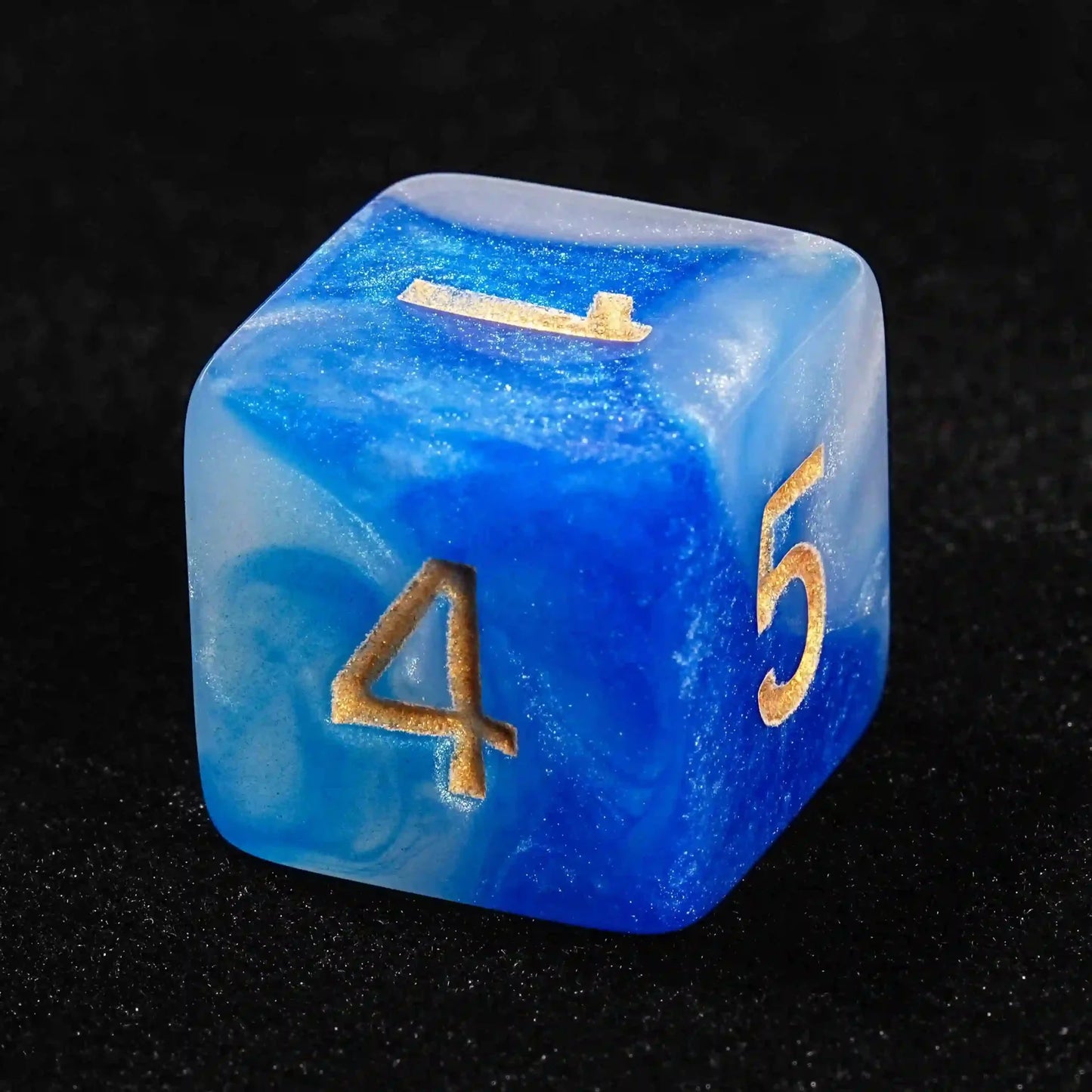 Blue and White Swirl Acrylic DND Dice Set with Gold Font