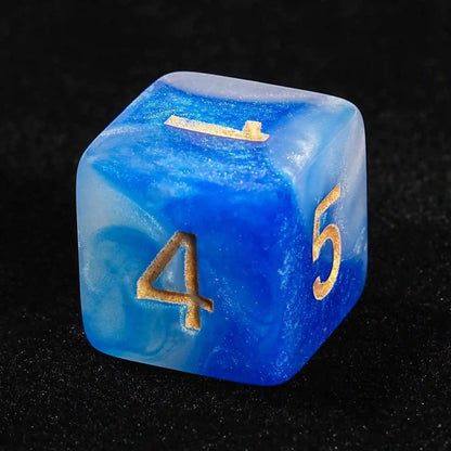Blue and White Swirl Acrylic DND Dice Set with Gold Font