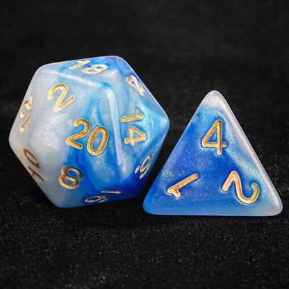 Blue and White Swirl Acrylic DND Dice Set with Gold Font