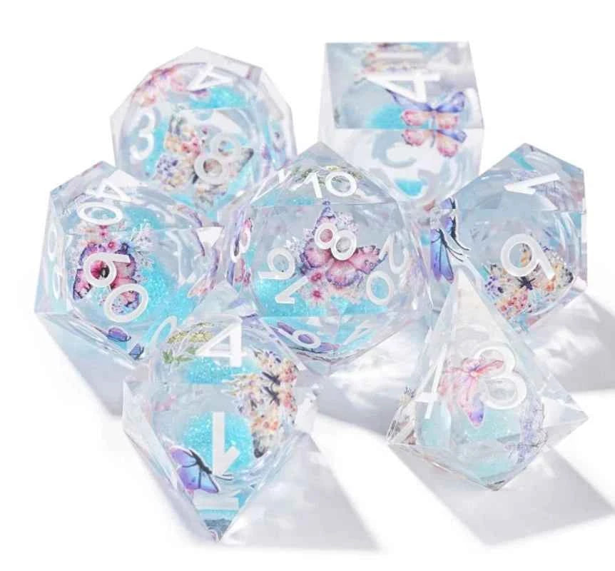 Blue Quicksand Butterfly Resin Liquid Core Dice Set + White Numbers