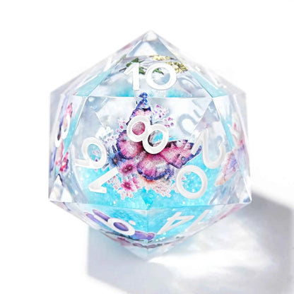Blue Quicksand Butterfly Resin Liquid Core Dice Set + White Numbers