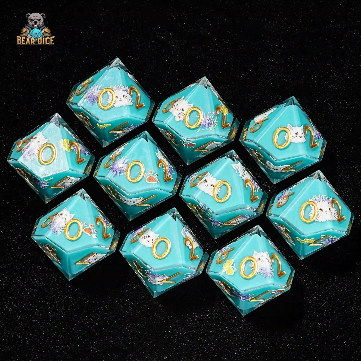 Blue Solid Resin D10 Dice - Cute Kitty Cat DND 10 Sided Dice