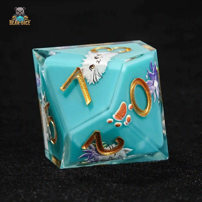 Blue Solid Resin D10 Dice - Cute Kitty Cat DND 10 Sided Dice