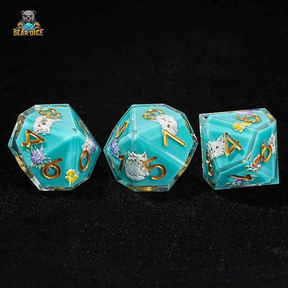 Blue Solid Resin D10 Dice - Cute Kitty Cat DND 10 Sided Dice