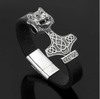 Vikings Wolf Head in Mjolnir Leather Bracelet