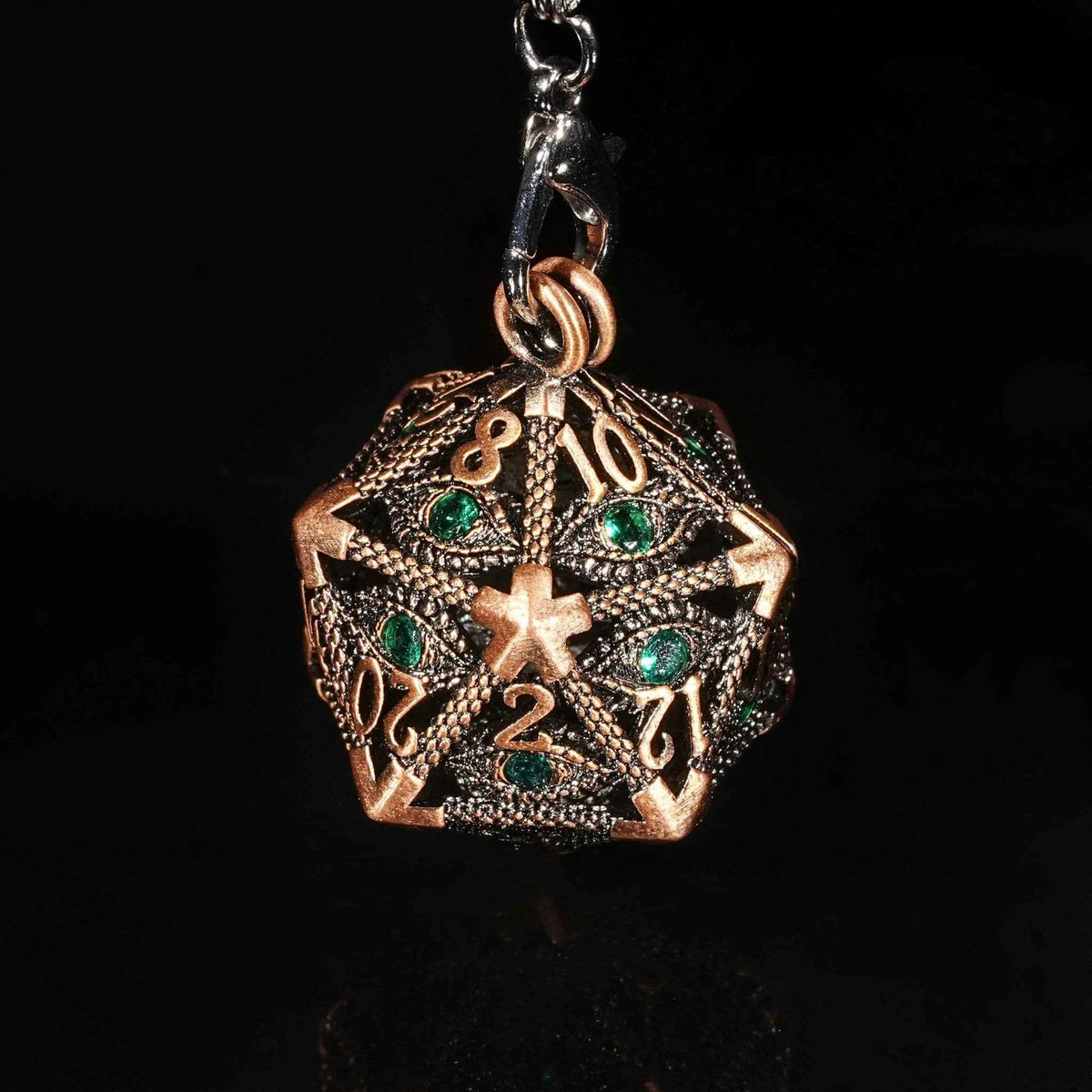 Bronze Emerald Dragon Eye Hollow D20 Dice Keychain + 7 Mini Metal DND Dice Set
