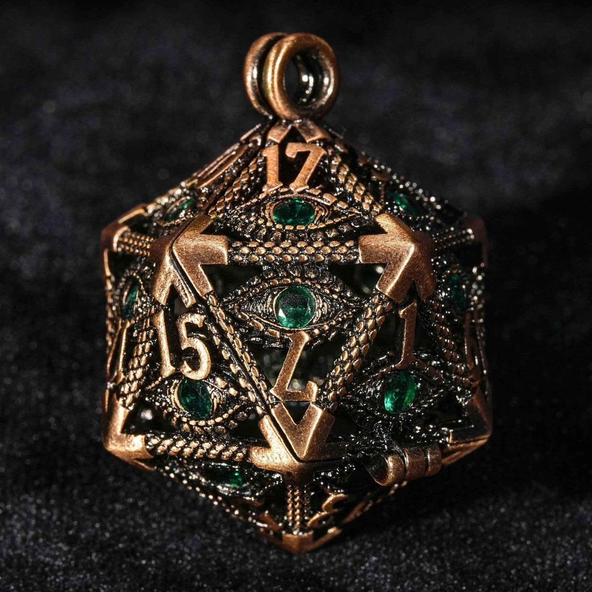 Bronze Emerald Dragon Eye Hollow D20 Dice Keychain + 7 Mini Metal DND Dice Set