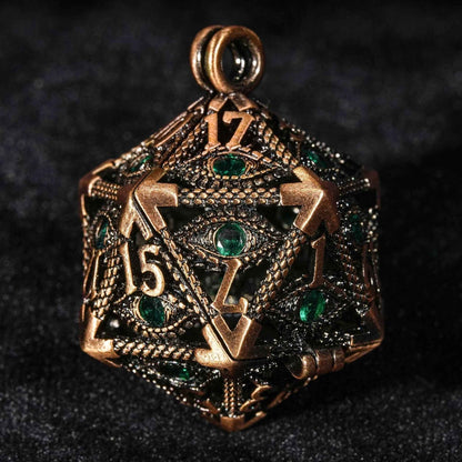 Bronze Emerald Dragon Eye Hollow D20 Dice Keychain + 7 Mini Metal DND Dice Set
