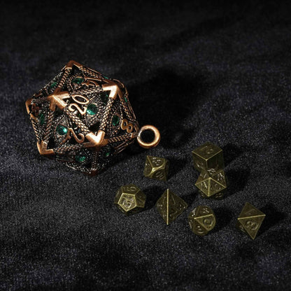 Bronze Emerald Dragon Eye Hollow D20 Dice Keychain + 7 Mini Metal DND Dice Set