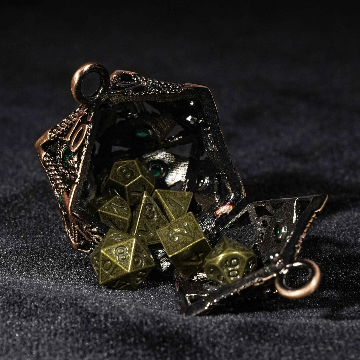 Bronze Emerald Dragon Eye Hollow D20 Dice Keychain + 7 Mini Metal DND Dice Set
