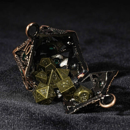 Bronze Emerald Dragon Eye Hollow D20 Dice Keychain + 7 Mini Metal DND Dice Set