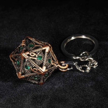 Bronze Emerald Dragon Eye Hollow D20 Dice Keychain + 7 Mini Metal DND Dice Set
