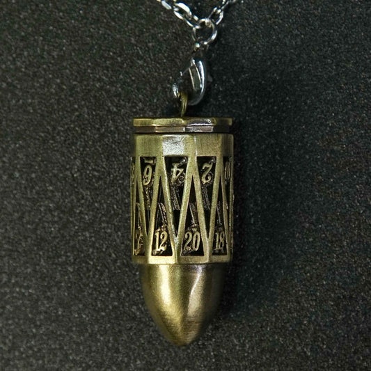 Bronze Bullet D20 Dice Cage Pendant + 7 Mini Metal RPG Dice Set