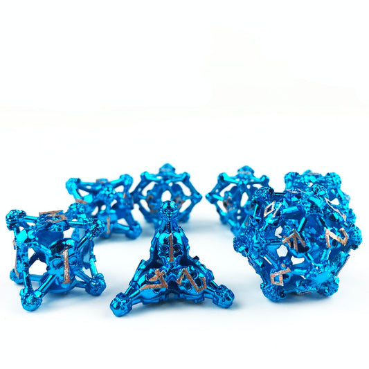 Blue w/Copper Deadly Skull Dice Hollow Metal 7-Dice Set