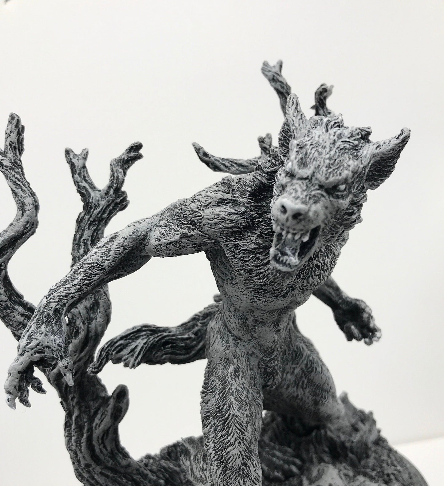 Werewolf Statue, Hand Painted Grayscale Resin Sculpture | Gothic Halloween Legendary Monster Figurine | Dark Art for Spooky Home Decor