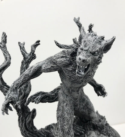 Werewolf Statue, Hand Painted Grayscale Resin Sculpture | Gothic Halloween Legendary Monster Figurine | Dark Art for Spooky Home Decor