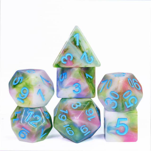 Earthly 4-Color 7-Dice Dnd Dice | Green White Green w/Blue Numbers Set