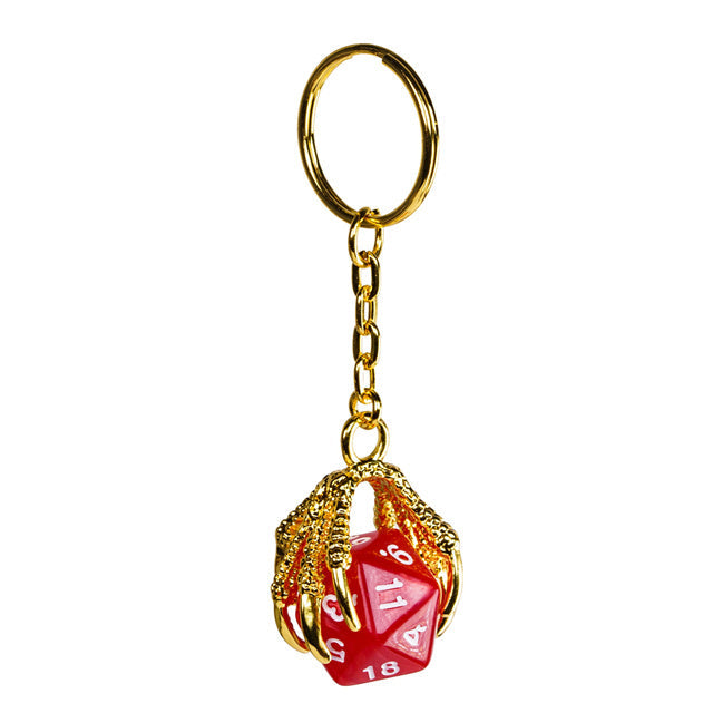 Claw Red D20 Keychain Featuring Gold Metal Dragon Claw + d20