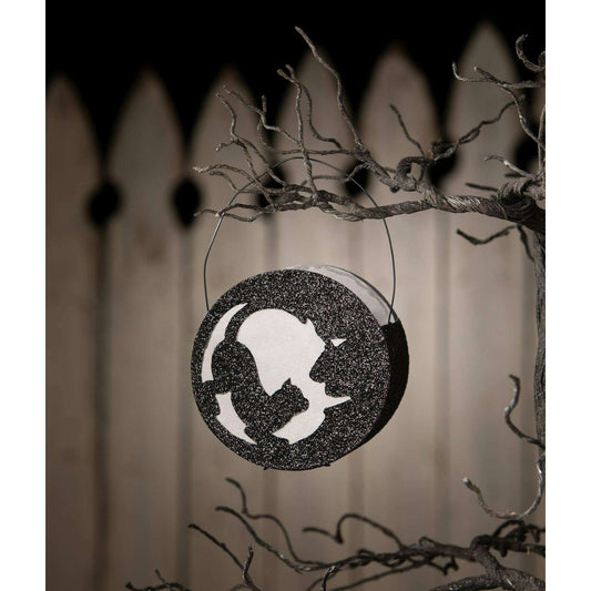 Cat in Moon Lantern – Glittered Black Cat & Crescent Moon Vintage Halloween Decor