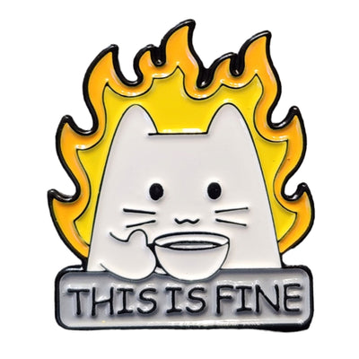 Cat on fire funny enamel pin. 
