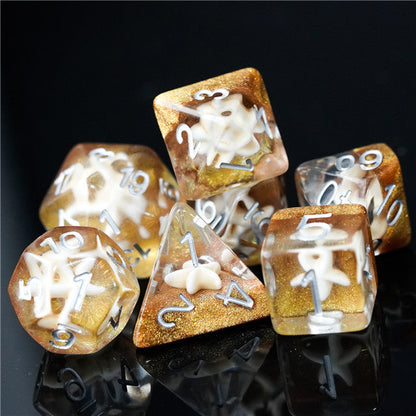 White Starfish Dice on Gold 7-Dice Set Resin Dungeons and Dragons Dice