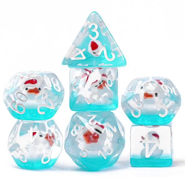 White Duck Red Hat on Blue 7-Dice Set w/White Numbers Dnd Dice Set