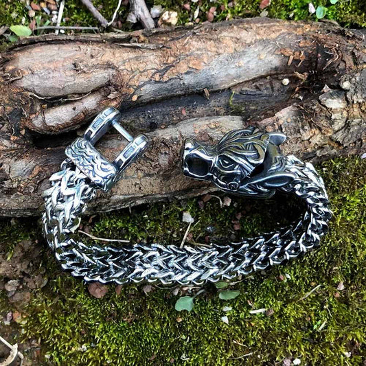 Vikings Wolf Head Stainless Steel Punk Link Bracelet