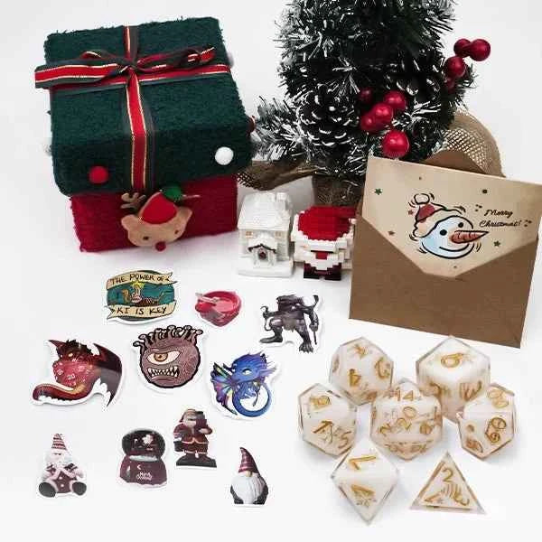 Christmas DND Dice Blind Box Gift Set - Resin Dice, Stickers, Ornaments and Holiday Accessories