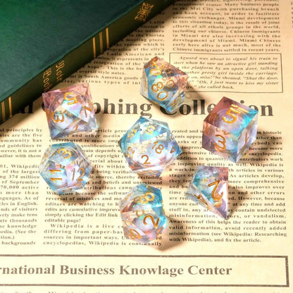 Transparent powder blue resin sequin liquid core dice set with gold numbers